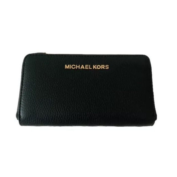 Michael Kors Genuine Leather Jet Set Zip Around Wallet Black Gold Tone Hardware - Picture 1 of 10